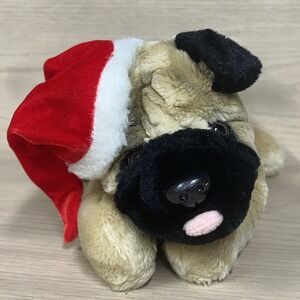 Auorora Pug Plush w Santa Claus Hat Christmas Holiday Tan Brown 12"